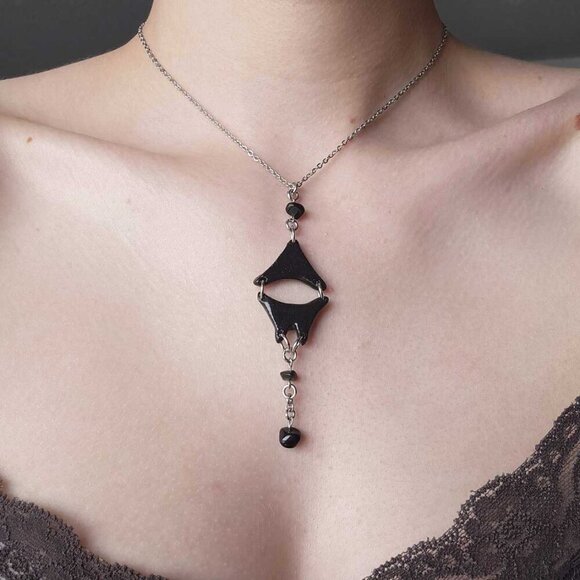 Unique gothic abstact Modernist black clay silver rosary necklace - Picture 2 of 9